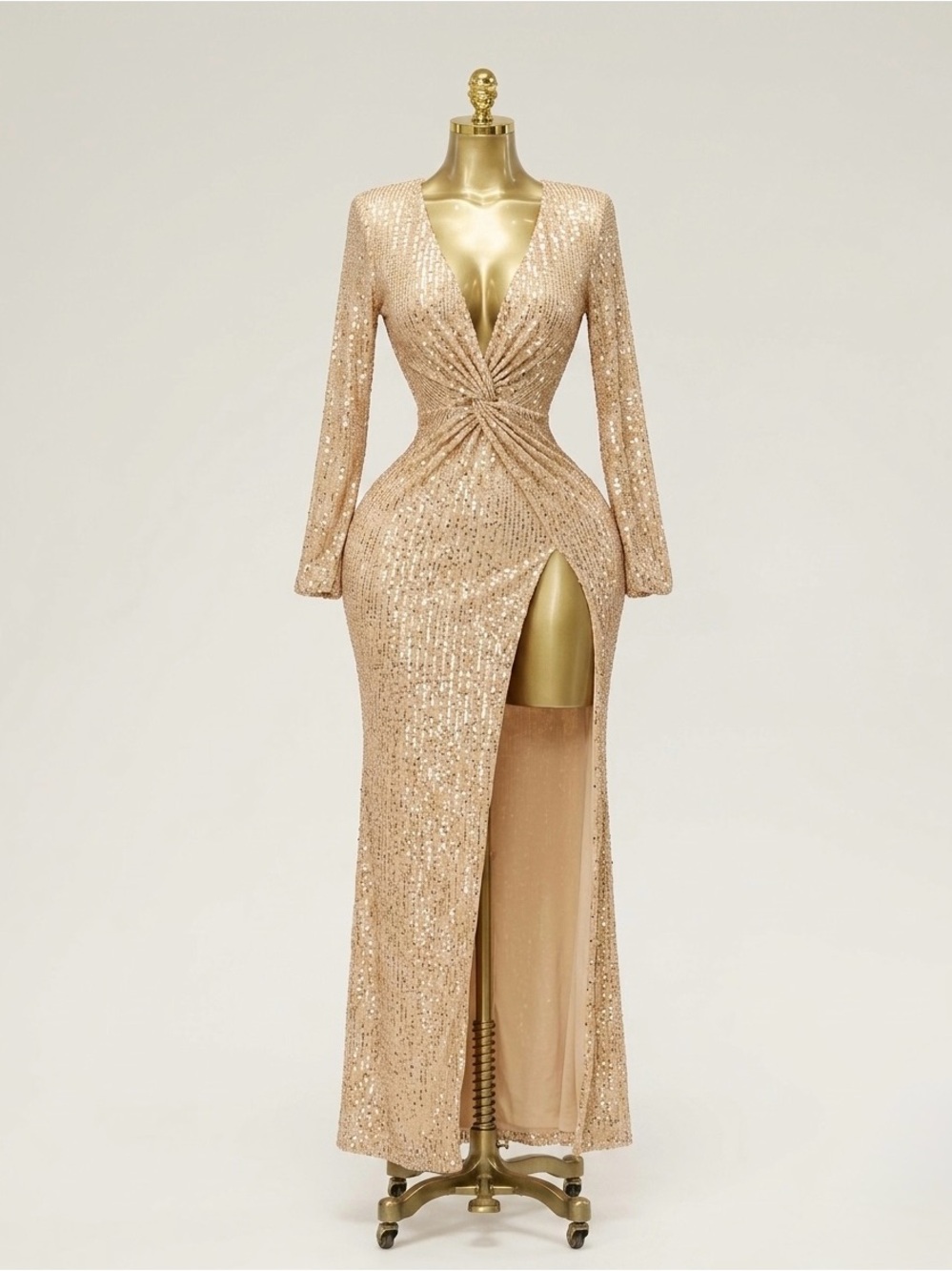 Fashion Nova Rose Gold Sequin Twist-Front Long Sleeve Gown